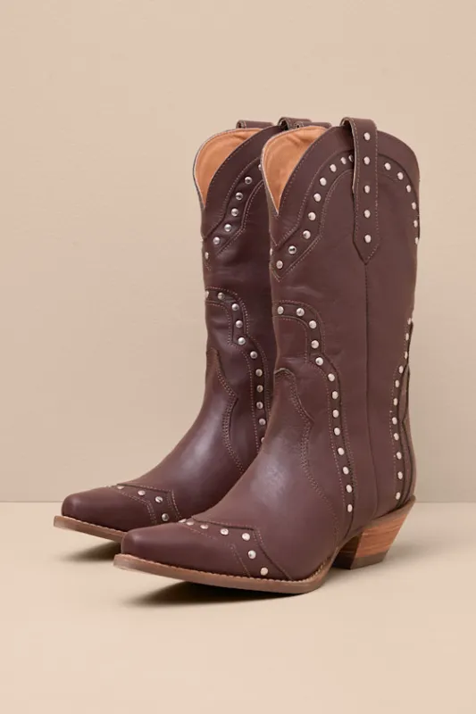 Sweet Treat Brown Leather Studded Mid-Calf Western Boots sold by Lulus
