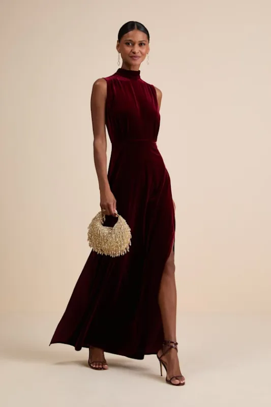Classic Elegance Wine Red Velvet Sleeveless Mock Neck Maxi Dress sold by Lulus