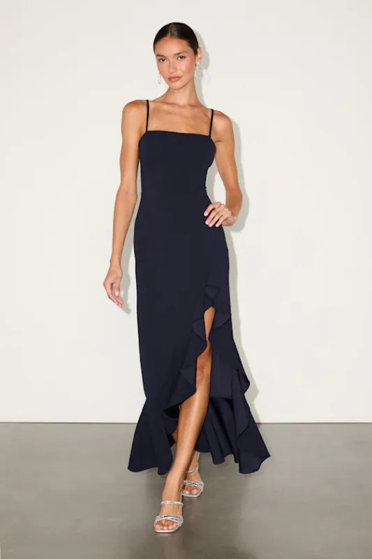 Iveta Navy Cutout Ruffled Sleeveless Midi Dress sold by Lulus