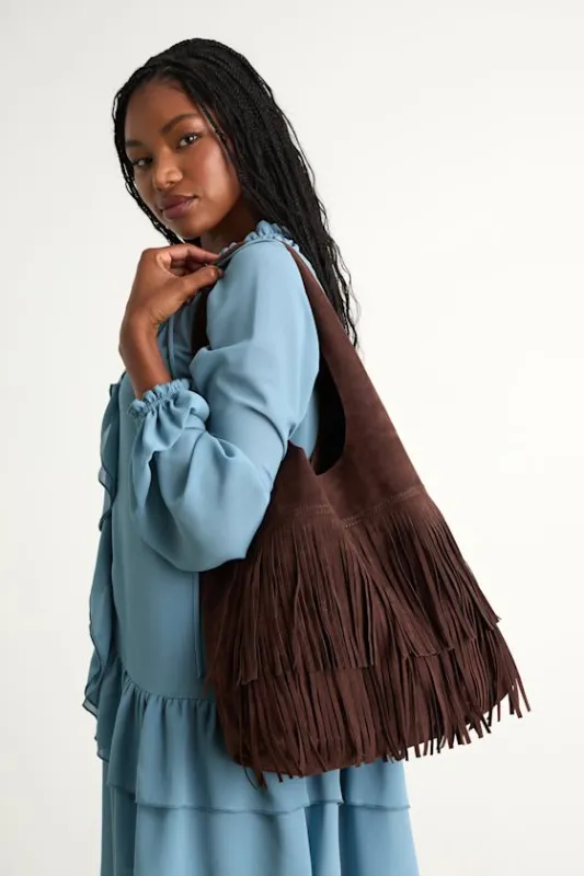Noelene Dark Brown Vegan Suede Fringe Tote Bag sold by Lulus