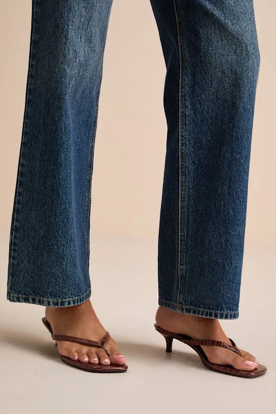 Massima Brown Croc-Embrossed Kitten Heel Thong Sandals sold by Lulus