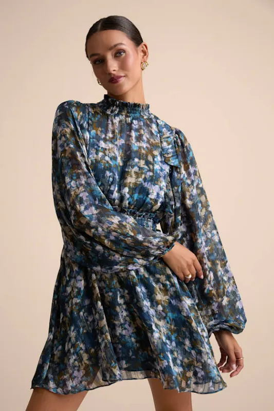 Andie Blue Multi Abstract Floral Mock Neck Mini Dress sold by Lulus