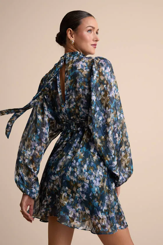 Andie Blue Multi Abstract Floral Mock Neck Mini Dress sold by Lulus product image thumbnail 2