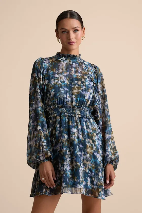 Andie Blue Multi Abstract Floral Mock Neck Mini Dress sold by Lulus product image thumbnail 3