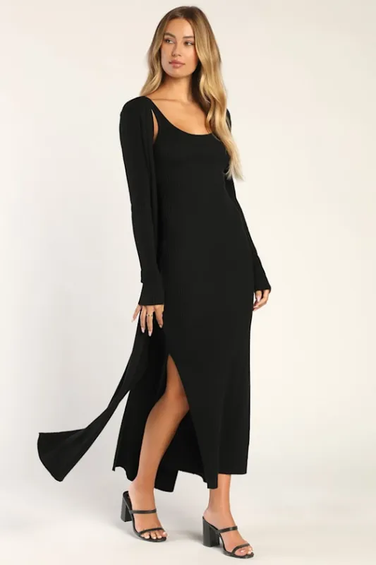 Layer Lover Black Ribbed Knit Two-Piece Dress & Cardigan Set sold by Lulus