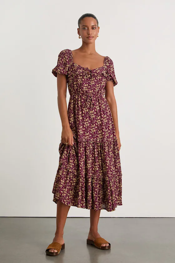 Adorable Ideal Burgundy Floral Print Tiered Ruffled Midi Dress sold by Lulus