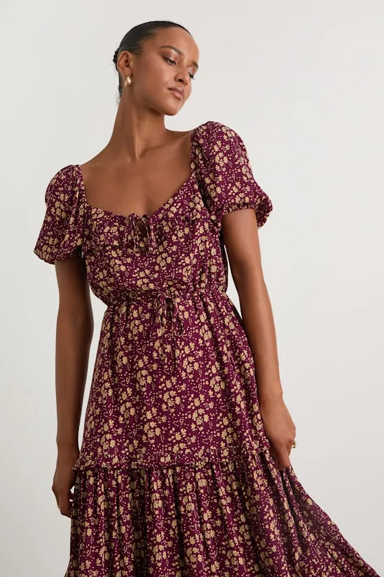 Adorable Ideal Burgundy Floral Print Tiered Ruffled Midi Dress sold by Lulus product image thumbnail 2
