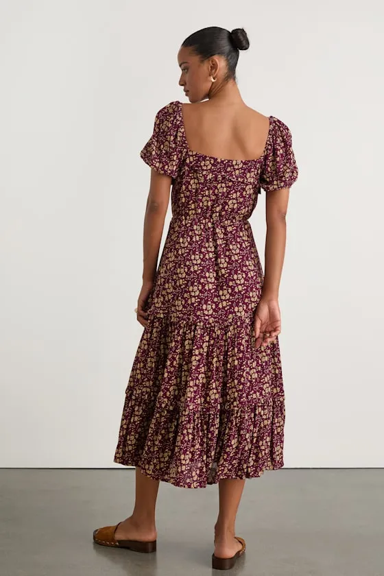 Adorable Ideal Burgundy Floral Print Tiered Ruffled Midi Dress sold by Lulus product image thumbnail 3