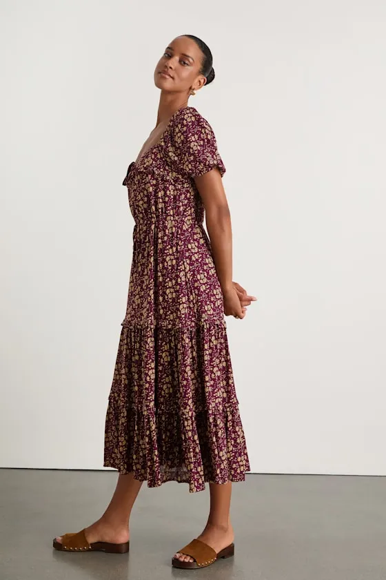 Adorable Ideal Burgundy Floral Print Tiered Ruffled Midi Dress sold by Lulus product image thumbnail 4