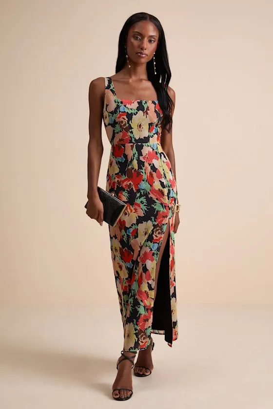 Miya Black Multi Floral Sleeveless Maxi Dress sold by Lulus
