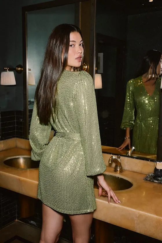 Sparkly Darling Chartreuse Sequin Long Sleeve Wrap Dress sold by Lulus product image thumbnail 3