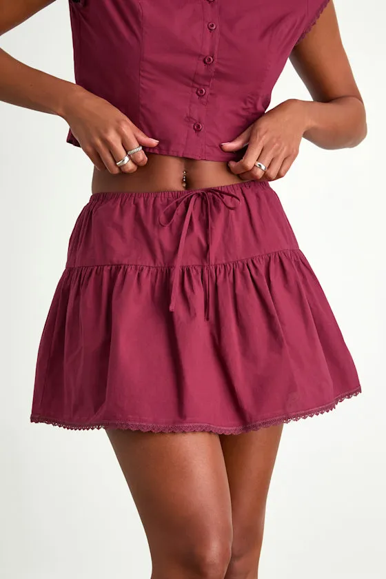 Melicia Burgundy Drawstring Tiered Mini Skirt sold by Lulus product image thumbnail 2