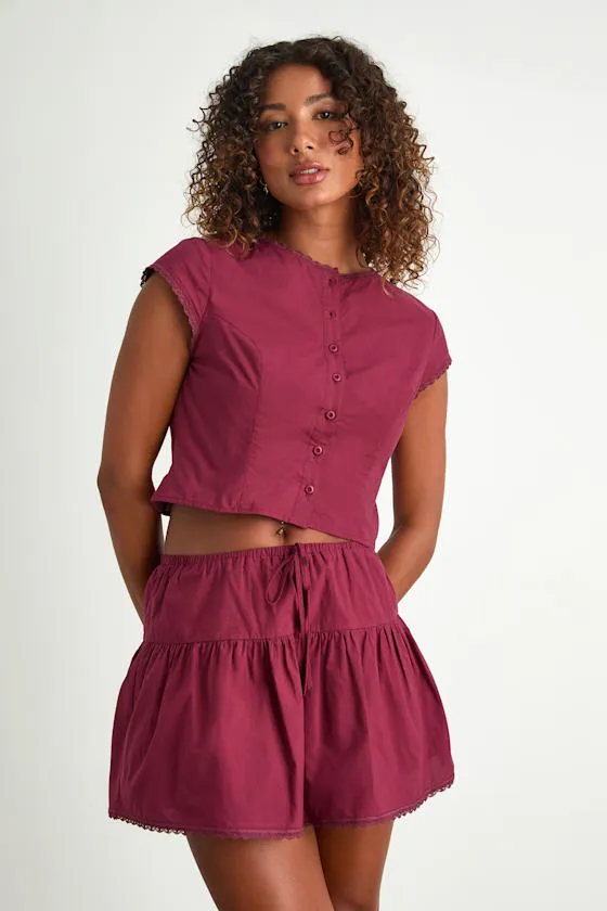 Melicia Burgundy Drawstring Tiered Mini Skirt sold by Lulus product image thumbnail 3