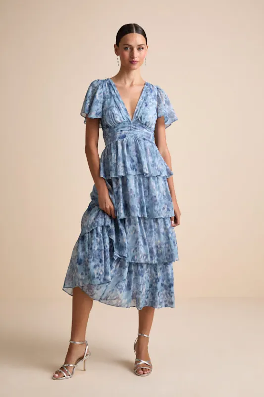 Nalia Blue Abstract Print Tiered Tie-Back Midi Dress sold by Lulus