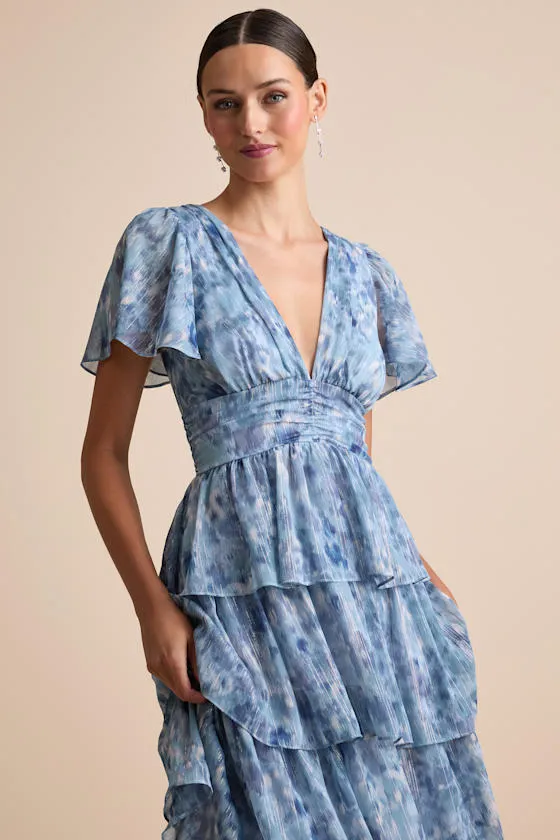 Nalia Blue Abstract Print Tiered Tie-Back Midi Dress sold by Lulus product image thumbnail 2