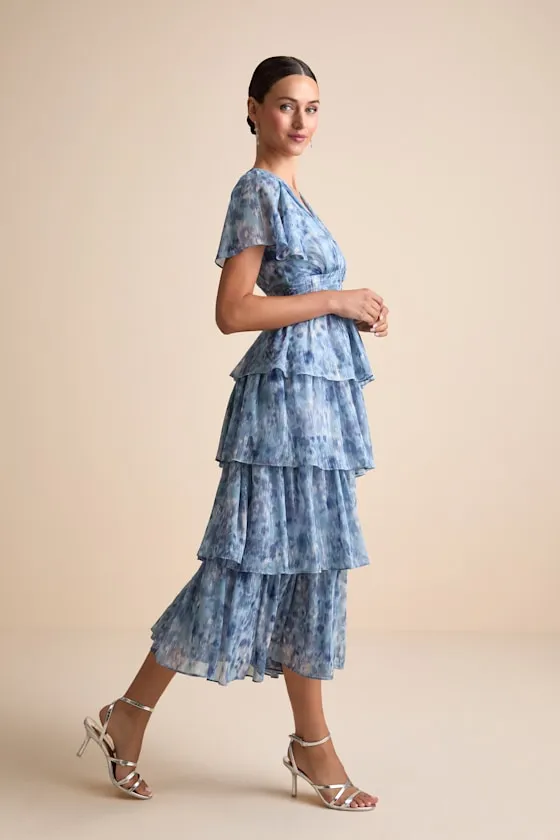 Nalia Blue Abstract Print Tiered Tie-Back Midi Dress sold by Lulus product image thumbnail 4