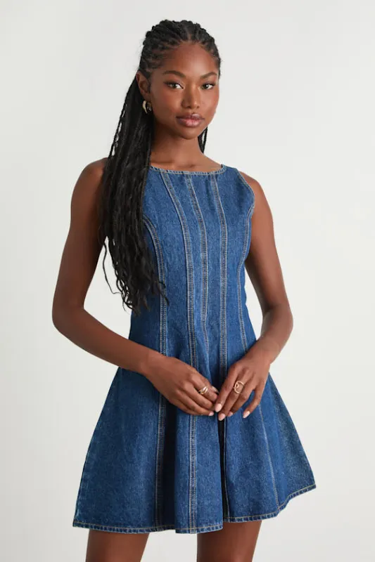 Marchella Dark Wash Denim Seamed Mini Dress sold by Lulus