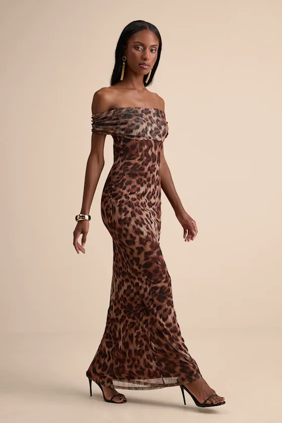 Dunia Brown Leopard Print Mesh Off-the-Shoulder Maxi Dress sold by Lulus product image thumbnail 4