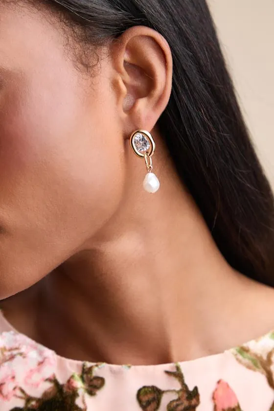 Yasmine Gold Rhinestone Pearl Drop Earrings sold by Lulus