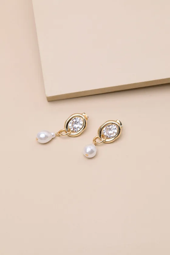 Yasmine Gold Rhinestone Pearl Drop Earrings sold by Lulus product image thumbnail 2