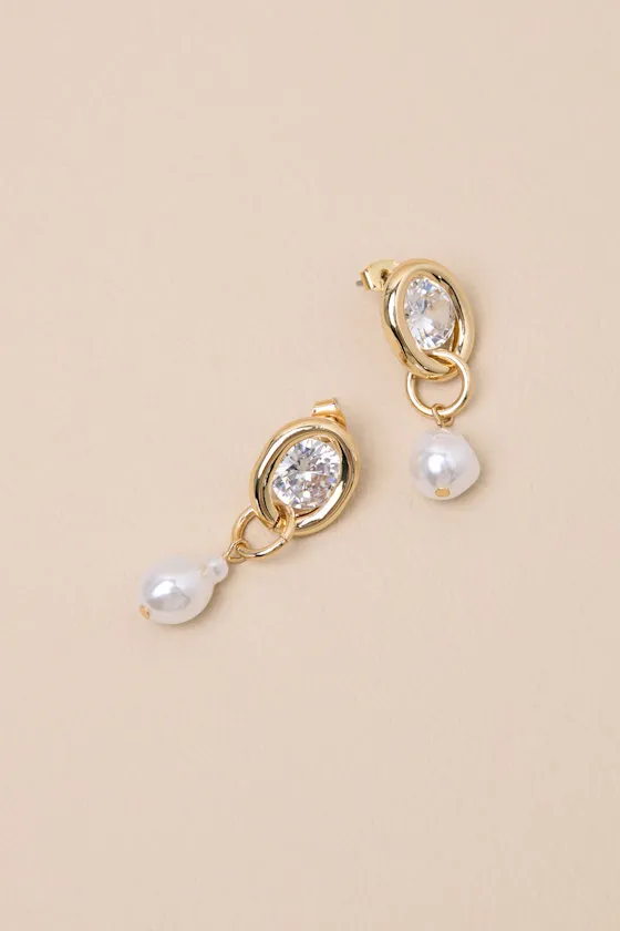 Yasmine Gold Rhinestone Pearl Drop Earrings sold by Lulus product image thumbnail 4