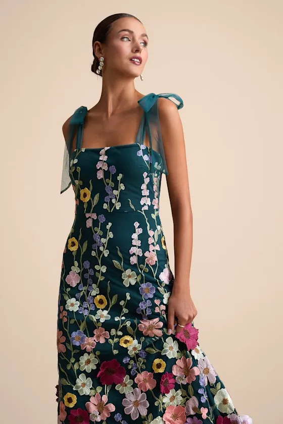 Thriving Poise Teal 3D Floral Embroidered Tie-Strap Maxi Dress sold by Lulus