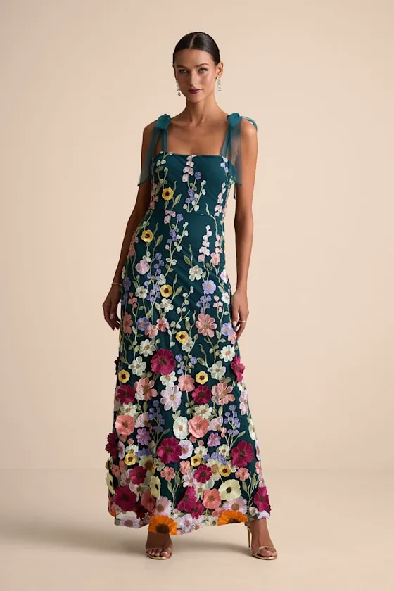 Thriving Poise Teal 3D Floral Embroidered Tie-Strap Maxi Dress sold by Lulus product image thumbnail 2