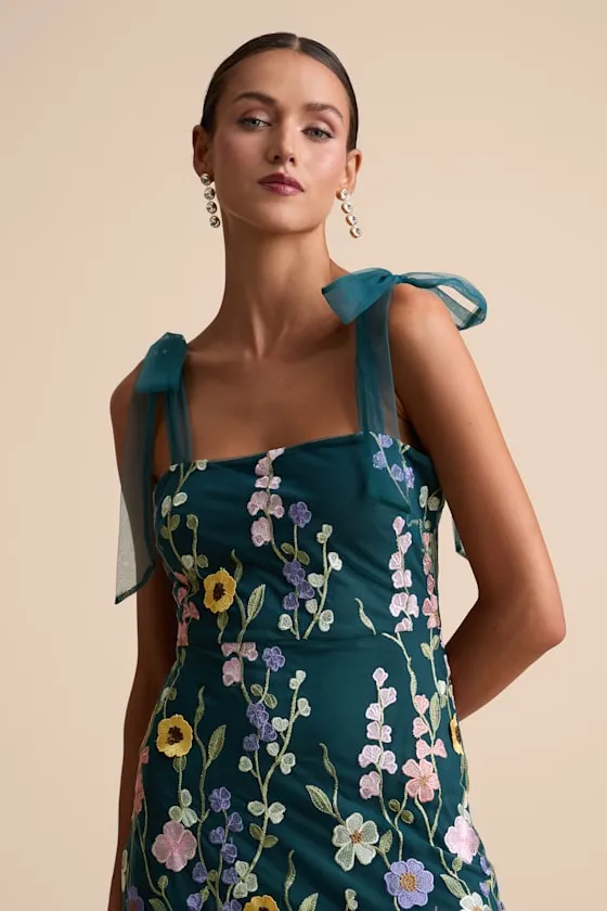 Thriving Poise Teal 3D Floral Embroidered Tie-Strap Maxi Dress sold by Lulus product image thumbnail 3