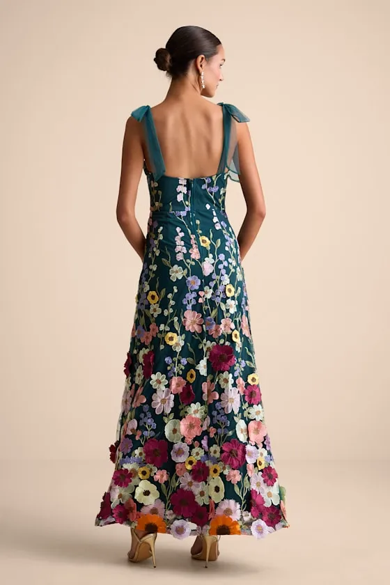 Thriving Poise Teal 3D Floral Embroidered Tie-Strap Maxi Dress sold by Lulus product image thumbnail 4