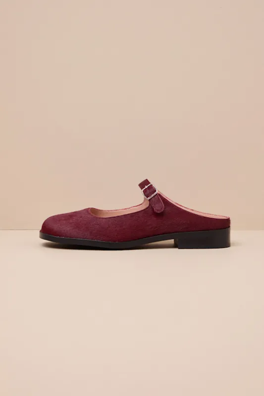 Merlin Burgundy Calf Hair Leather Mary Jane Mules sold by Lulus