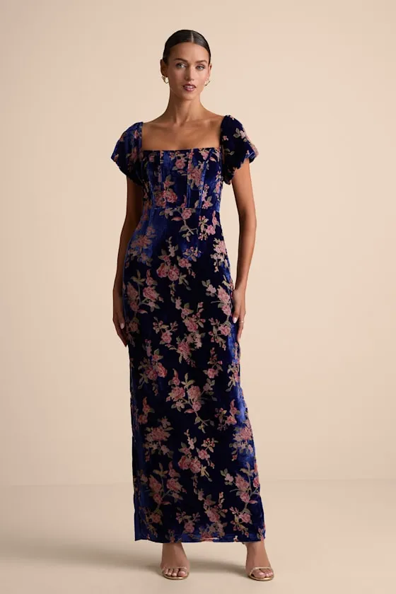 Confidently Impressive Blue Velvet Off-the-Shoulder Maxi Dress sold by Lulus