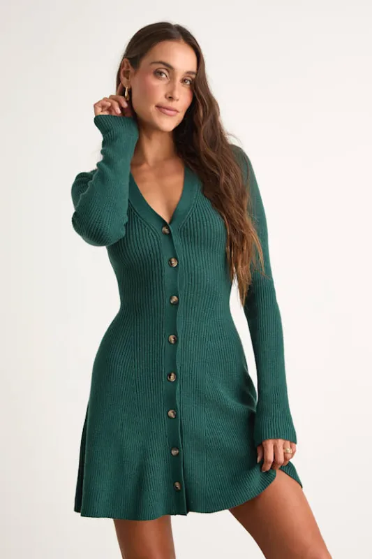 Adorably Flirty Emerald Button-Front Sweater Mini Dress sold by Lulus