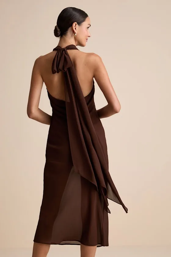 Eshai Brown Cowl Halter Midi Dress sold by Lulus
