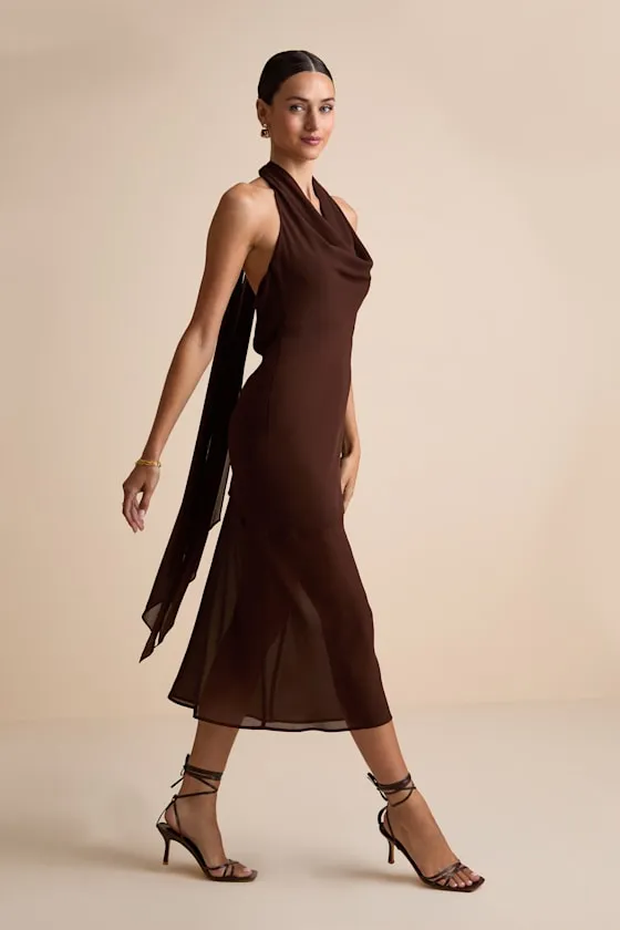 Eshai Brown Cowl Halter Midi Dress sold by Lulus product image thumbnail 2