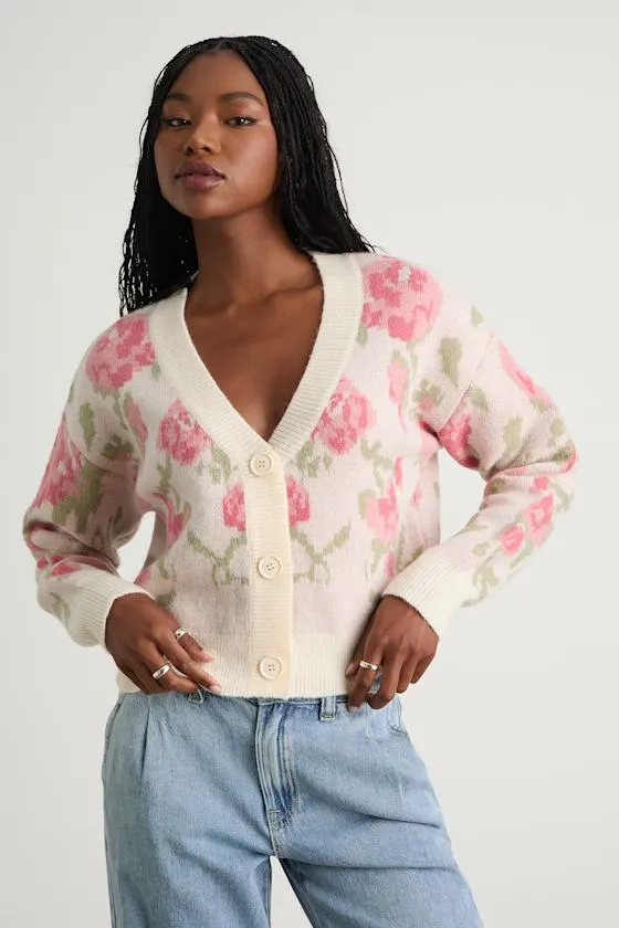Wylenna Cream and Blush Floral Cropped Cardigan Sweater sold by Lulus
