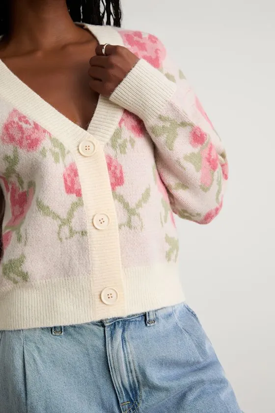 Wylenna Cream and Blush Floral Cropped Cardigan Sweater sold by Lulus product image thumbnail 2