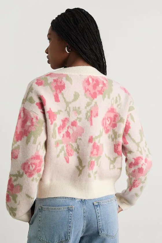 Wylenna Cream and Blush Floral Cropped Cardigan Sweater sold by Lulus product image thumbnail 3