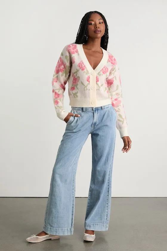 Wylenna Cream and Blush Floral Cropped Cardigan Sweater sold by Lulus product image thumbnail 4