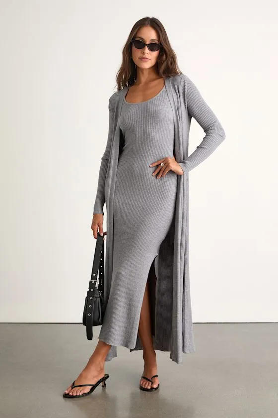 Layer Lover Heather Grey Ribbed Midi Dress & Cardigan Set sold by Lulus