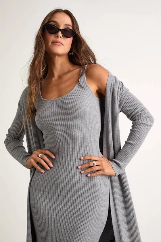 Layer Lover Heather Grey Ribbed Midi Dress & Cardigan Set sold by Lulus product image thumbnail 2