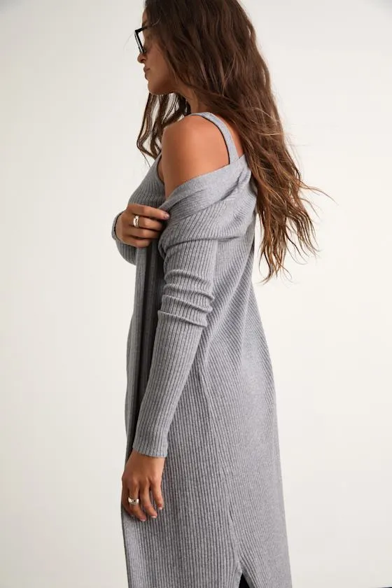 Layer Lover Heather Grey Ribbed Midi Dress & Cardigan Set sold by Lulus product image thumbnail 4