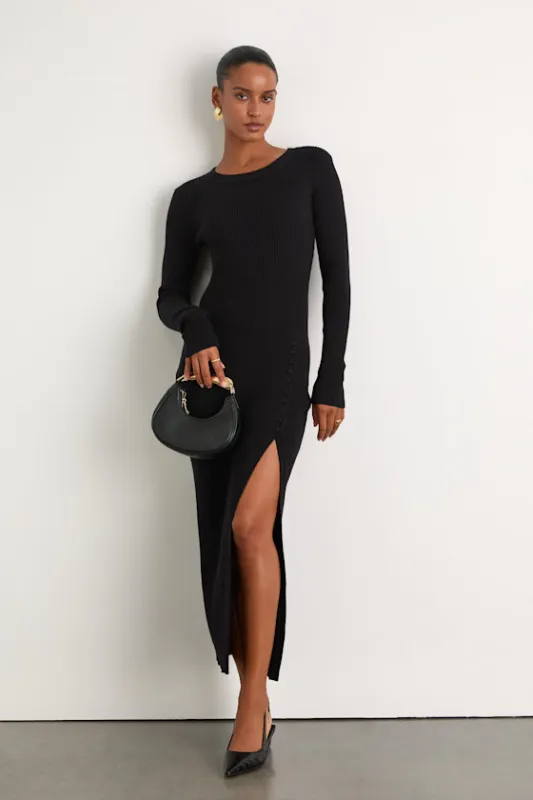 Refined Attitude Black Ribbed Side Button Midi Sweater Dress sold by Lulus