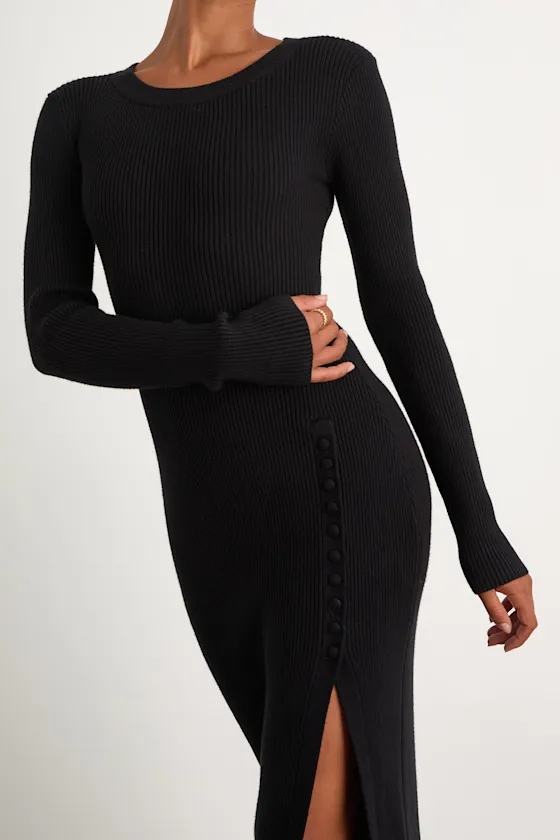 Refined Attitude Black Ribbed Side Button Midi Sweater Dress sold by Lulus product image thumbnail 3