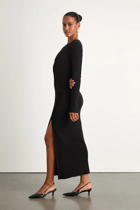 Refined Attitude Black Ribbed Side Button Midi Sweater Dress sold by Lulus product image thumbnail 4