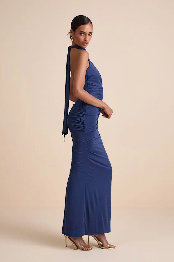 Seraiah Navy Knotted Ruched Halter Maxi Dress sold by Lulus product image thumbnail 2