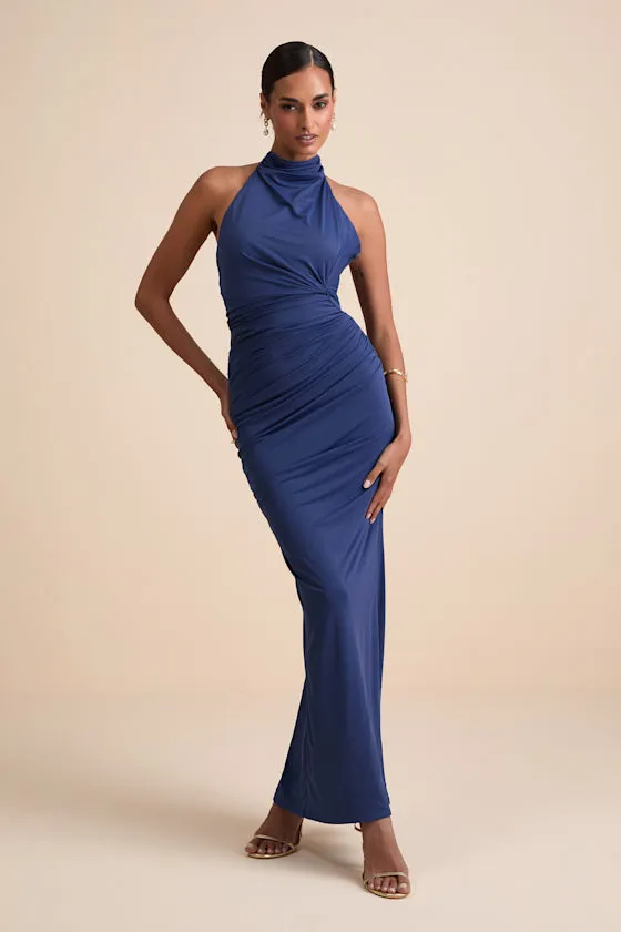 Seraiah Navy Knotted Ruched Halter Maxi Dress sold by Lulus product image thumbnail 3