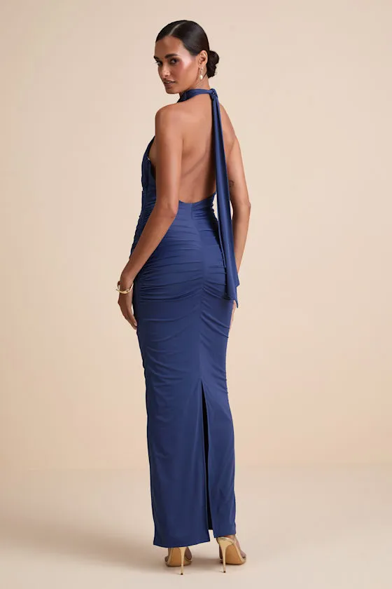 Seraiah Navy Knotted Ruched Halter Maxi Dress sold by Lulus product image thumbnail 4