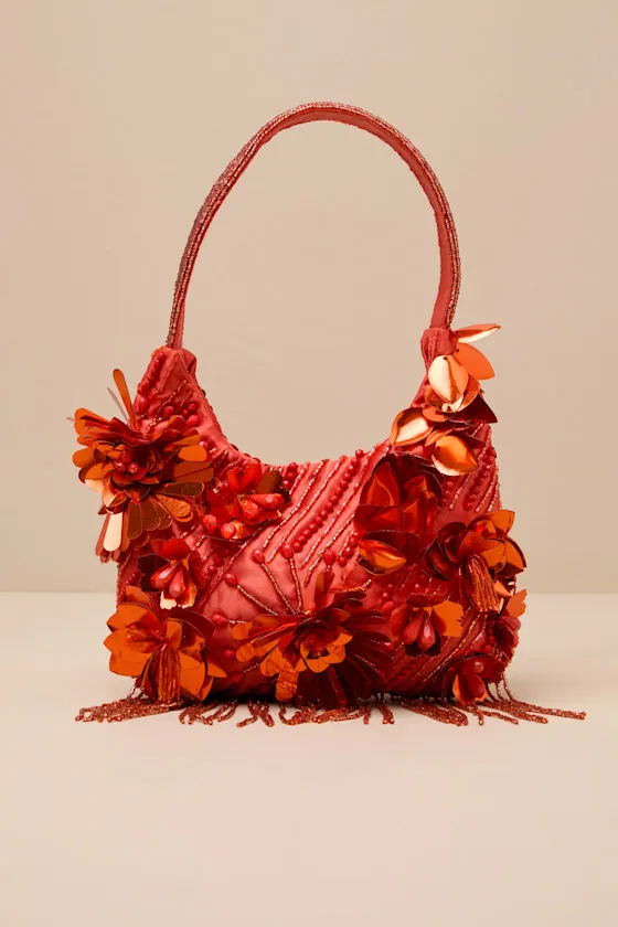 Naisha Red 3D Floral Sequin Beaded Fringe Shoulder Bag sold by Lulus