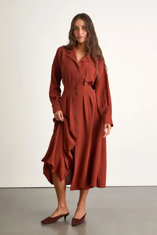 Timeless Class Rust Collared Button-Up Pleated Midi Dress sold by Lulus