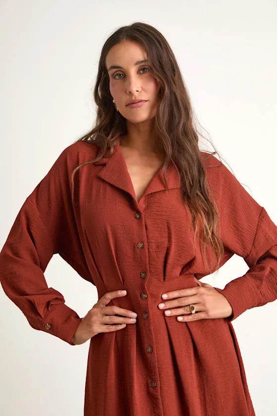 Timeless Class Rust Collared Button-Up Pleated Midi Dress sold by Lulus product image thumbnail 2